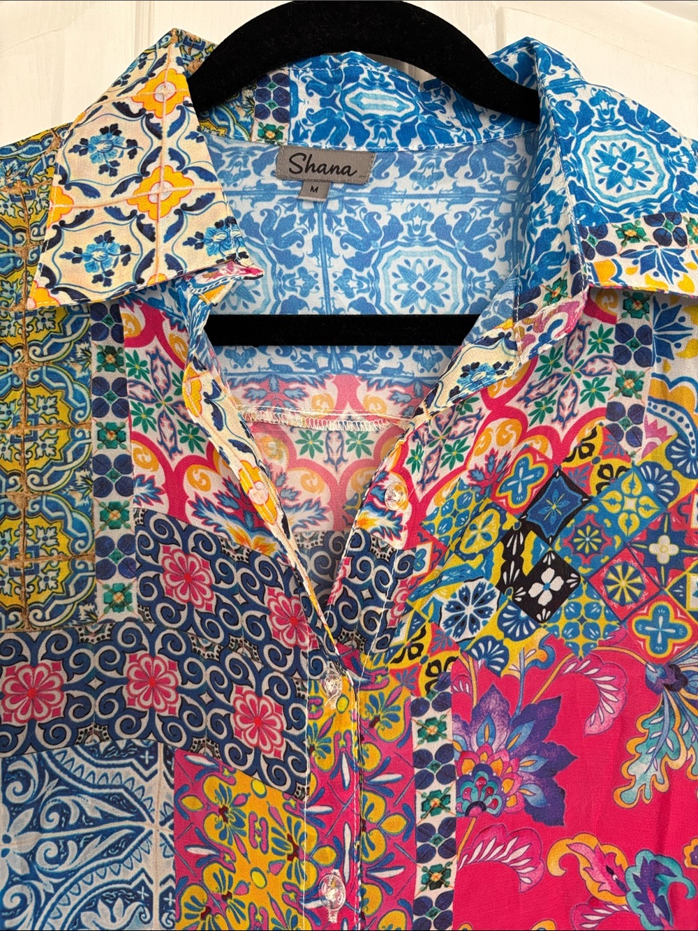 Shana Vibrant Blue and Pink Patchwork Button-Down Shirt - Picture 3 of 4